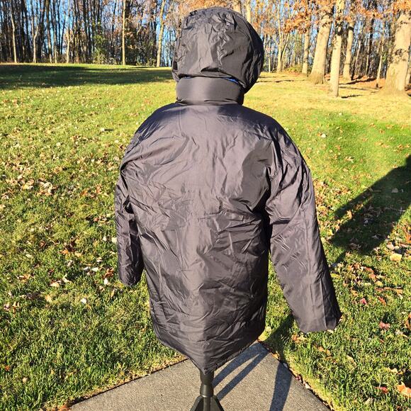 Men's Lands' End Reversible Goose Down Puffer Jacket Blue Black Hood sz Lg 42-44 - Picture 9 of 16